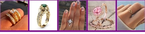 Collage of five elegant vintage hollow rings featuring colorful faux gems and pearls