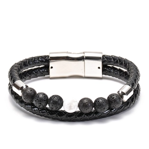 Bracciale In Pelle Intrecciata A Doppio Strato Con Pietra Lavica Vulcanica Naturale E 7 Perle Chakra Chiusura Magnetica