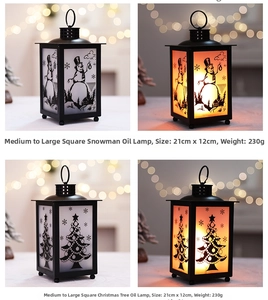 Close-up of decorative Christmas lanterns showing snowman patterns and 21cm size details
