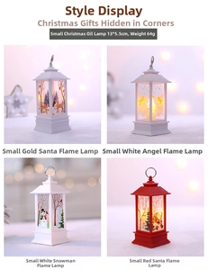 Macro detail of four mini Christmas lantern styles with LED flame and festive illustrations