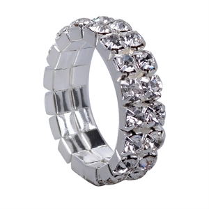 Detail view of silver stretch ring with triple-row crystals and elastic design