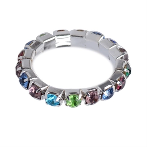 Detail of eternity band ring featuring multi-colored crystals in a silver metal setting