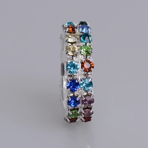 Detailed view of eternity ring featuring triple-row multi-colored round crystals