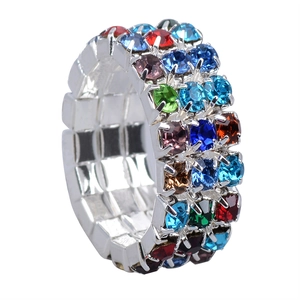 Three-row stretch crystal ring with colorful rhinestones in a polished silver finish