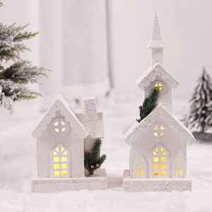 Due casette natalizie in legno bianco con luci LED calde ed effetto glitter