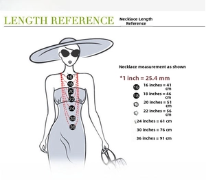Luminous angel necklace length reference chart showing sizes from 16 to 36 inches
