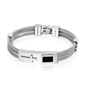 Men's stainless steel cable bracelet featuring a silver cross plate and polished finish