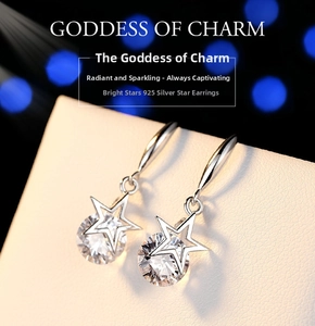 Detail of 925 sterling silver star drop earrings with brilliant round zircon crystals