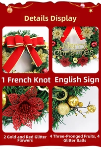 Detail of Christmas wreath accessories with red bow, golden glitter flowers and baubles