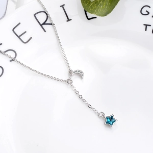 Minimalist blue star and moon pendant necklace with silver chain for women