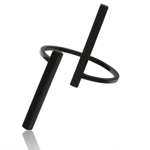 Minimalist black matte geometric open ring featuring double vertical bar design on white background