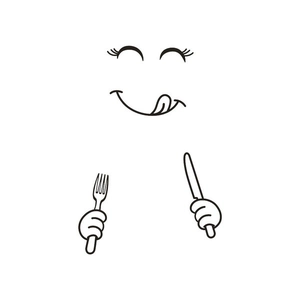 Minimalist black and white cartoon decal detail with smiling face and cutlery graphics