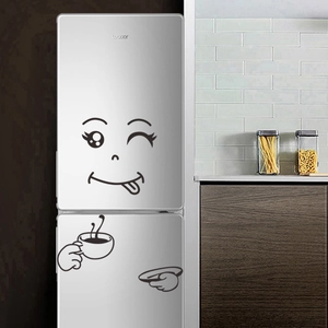 Cartoon winking face and coffee cup fridge magnet stickers on white double-door refrigerator