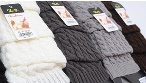 Detailed cable knit texture of thick leg warmers in white, grey, and coffee colors