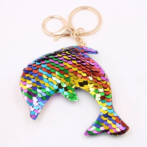 Rainbow sequin dolphin keychain with gold metal ring and clip for handbags