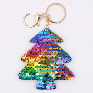 Rainbow sequin Christmas tree keychain with metal lobster clasp on a white background