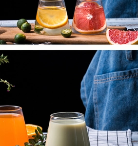 Detailed view of Mt. Fuji glass cups filled with colorful fruit juices and drinks