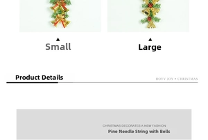Detail of Christmas pine needles with gold bells, red berries, and flowers