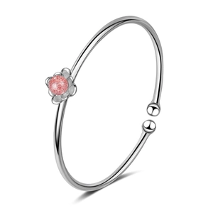 Bracciale rigido aperto loto in argento con quarzo fragola rosa e pietra di luna