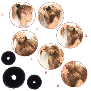 Three-piece black sponge bun maker set with step-by-step hair styling tutorial