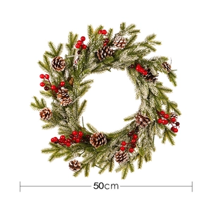 50cm Christmas wreath with red berries, pine cones and artificial white frosted snow flocking