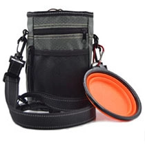 Gray pet training treat bag set with orange collapsible silicone bowl and shoulder strap