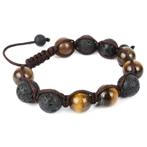 Adjustable 12mm Tiger Eye and Black Volcanic Rock beaded braided bracelet for men and women