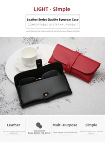 Detailed view of leather sunglass cases with snap button and pebbled texture