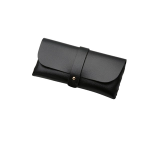 Classic black faux leather sunglasses case with lychee texture and gold snap button