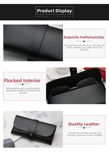 Detail view of black leather sunglasses case with soft grey flocked lining and stitching