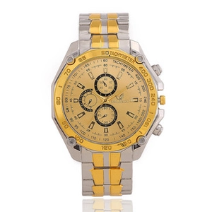 Detail view of gold and silver tone men's watch with three decorative sub-dials and tachymeter
