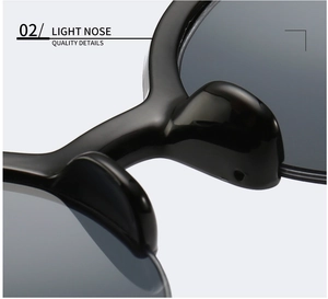 Detail of integrated lightweight nose pads on black semi-rimless cat-eye sunglasses