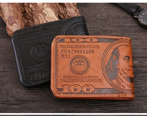 Detail of embossed dollar pattern on vintage brown and black leather men's wallets