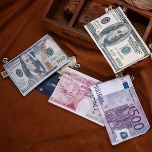 Detail of four retro zipper pouches with 100 USD, 50 GBP, and 500 EUR currency prints