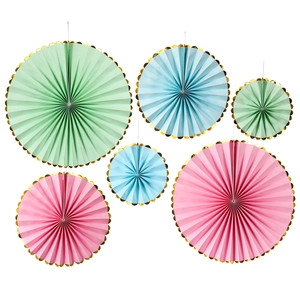 Pastel mint, blue and pink decorative paper fans with gold foil edges, 6-piece set