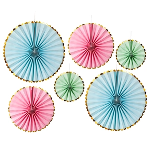 6-piece pastel paper fans set with gold foil edges for wall decor and party celebrations