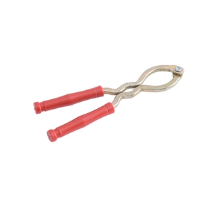 Zinc-plated metal nutcracker tool with red non-slip handles on a white background