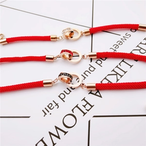 Rose gold double ring red string bracelets with sparkling zircon stones for women
