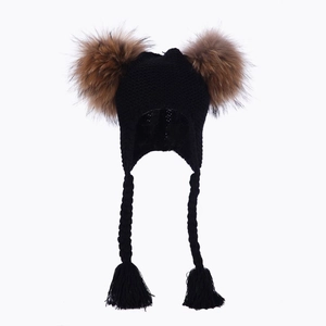 Toddler Kids Winter Knit Beanie Hat With Double Faux Fur Pom Poms Earflap Fleece Lined Warm Crochet Cap For Girls Boys