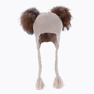 Children's cable knit trapper hat with double faux fur pom poms and braided earflaps