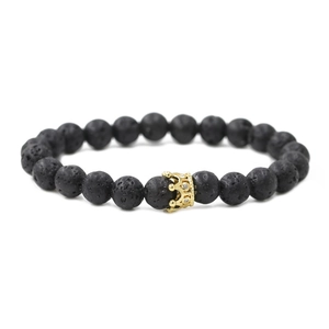 Men's crown bracelet with black lava stone beads and gold micro-pave cubic zirconia
