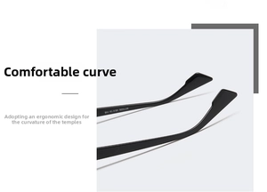 Detail of ergonomic curved black sunglasses temple with printed H77056 size specifications