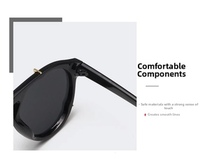 Macro detail of glossy black sunglasses frame with elegant golden L-shaped metal accents