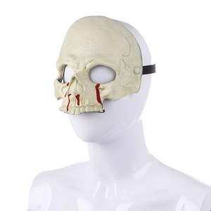 Realistic Halloween skeleton half mask with blood details on a white mannequin head
