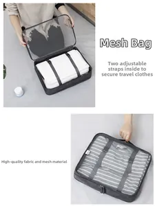 Detail of travel mesh organizer with internal adjustable straps for securing clothes