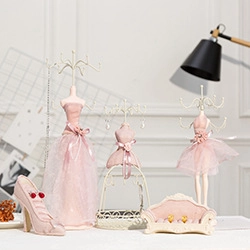 Pink fabric jewelry display set with mannequin, high heel box and sofa ring holder