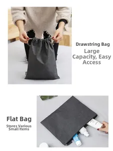 Detail of travel drawstring pouch and flat organizer bag showing toiletry storage