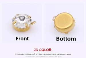 Detailed front and bottom view of round crystal glass rhinestones in gold metal claw settings