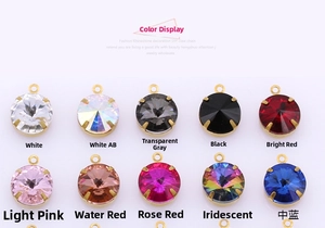 Detailed grid of ten colorful crystal rhinestone pendants with gold claw settings for DIY jewelry