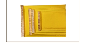 Three sizes of yellow kraft paper bubble mailers with red adhesive pull tabs for packaging